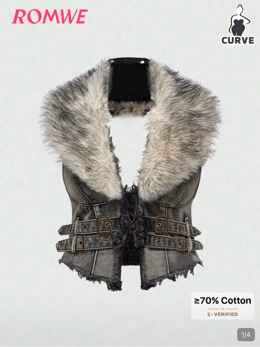 Black Denim Gray Faux Fur-Trim Halter Vest 3XL